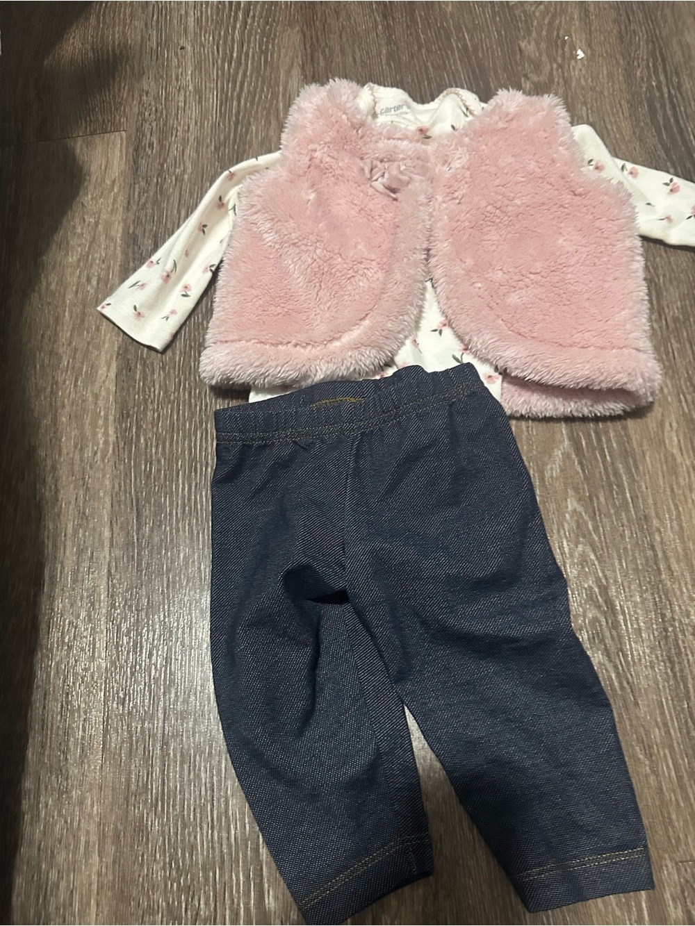 Carter's Pink Faux Fur Vest & Floral Tee Set with Denim-Look Pants
